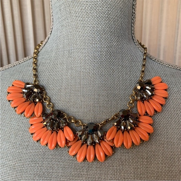 J. Crew Coral and Gold Flower Rhinestone Necklace, Statement Necklace - Picture 6 of 16
